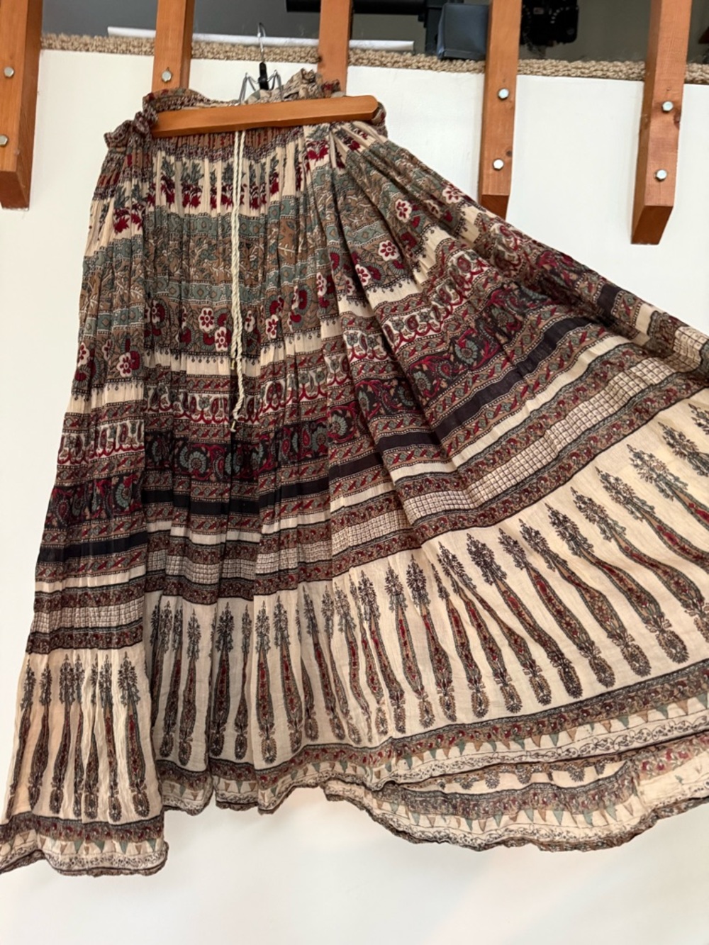 Bohemian Printed Circle Skirt - Ivory with Red & Green